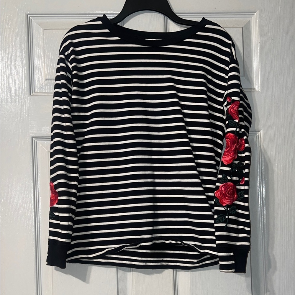 Esprit Black and White Striped Sweater with Red Floral Details